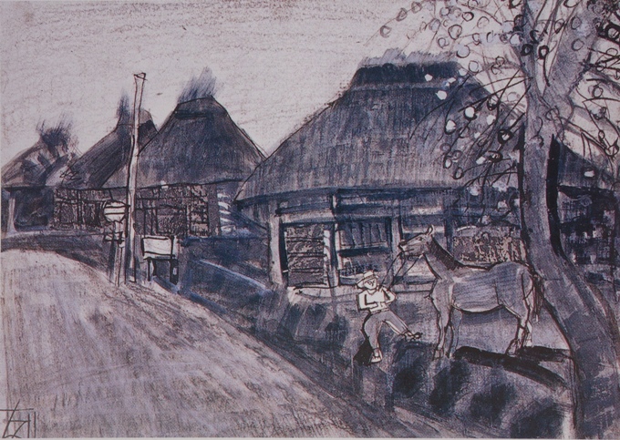 須田剋太『久慈街道街頭』