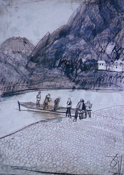 須田剋太『古座川船着き場』