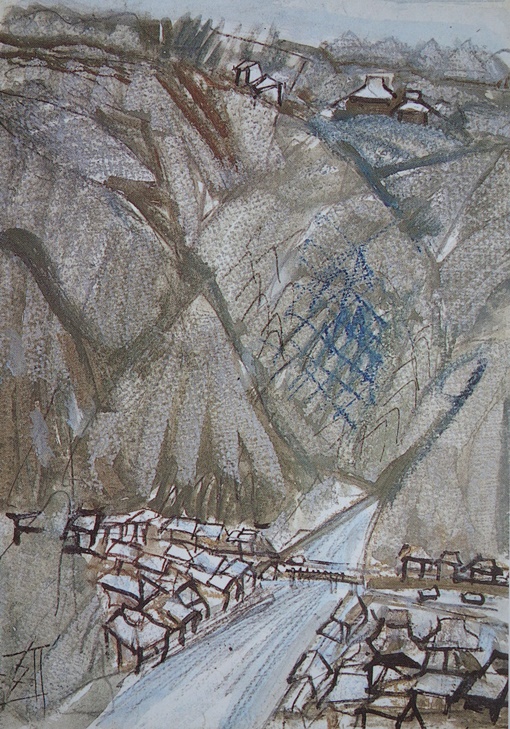 須田剋太『川底の商家群』