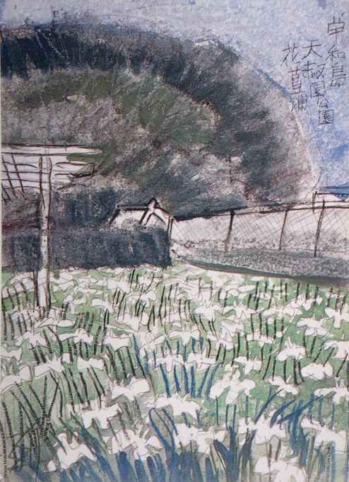 須田剋太『宇和島天赦園公園　花菖蒲』